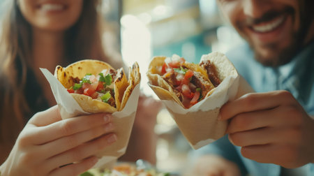 Couple enjoying delicious tacos from a vibrant summer street food market, sharing smiles and laughter during their urban picnic filled with festival vibes and culinary delightsの素材