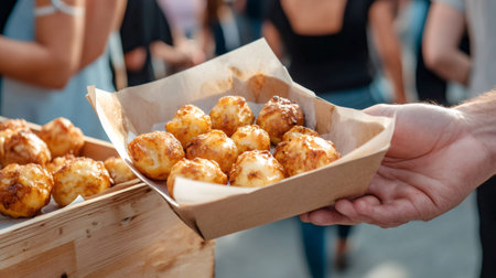 Chef serving delicious fried potato snacks in a cardboard takeaway container at a bustling summer street food market, offering a tasty treat for festival goersの素材