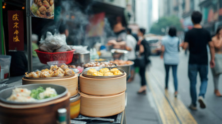 Delicious dumplings and other asian specialties are steaming in bamboo baskets at a vibrant street food stall, enticing pedestrians strolling along a busy city streetの素材