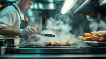 Chef grilling meat with tongs on a smoky grill in a food truck, creating delicious street food for customers at a vibrant summer market, embodying festival vibesの素材
