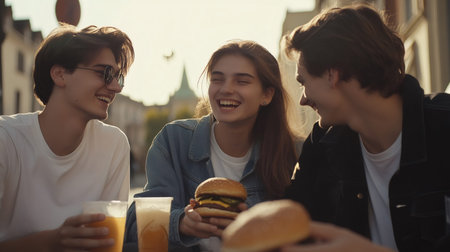 Three cheerful young people are laughing and having fun while eating burgers and drinking beverages at an outdoor summer market, enjoying the vibrant festival atmosphere and urban picnic experienceの素材