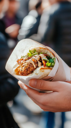 Hands holding a delicious falafel pita sandwich filled with fresh vegetables and sauce, enjoying a tasty meal from a food truck at a vibrant summer street marketの素材