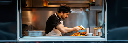 Street food chef preparing a delicious meal inside a food truck, serving hungry customers at a vibrant summer market, capturing the essence of outdoor dining and festival vibesの素材