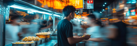 Young man serving noodles at a bustling night market, with blurred motion of people passing by, creating a vibrant atmosphere of street food and urban lifeの素材