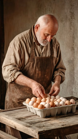 Elderly farmer wearing apron carefully placing fresh organic chicken eggs into carton inside rustic chicken coop, embodying sustainable agriculture and local farming practicesの素材