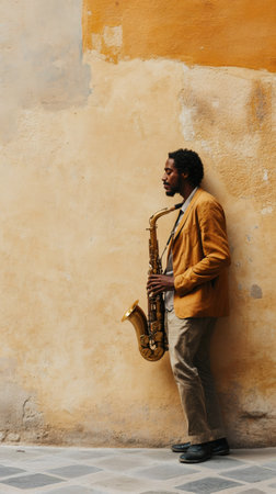 Musician is standing against a colorful wall, holding his saxophone, possibly taking a break between performances or waiting for inspiration to strikeの素材