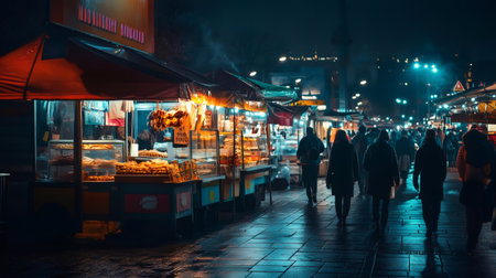 People are walking and buying street food from food trucks and stalls at a vibrant night market, creating a lively and bustling atmosphere in the cityの素材