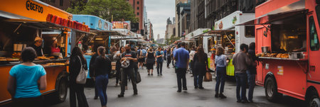 Customers are buying and eating street food from colorful food trucks at a bustling outdoor market, creating a lively urban dining experienceの素材