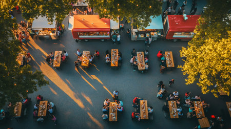 Aerial view of a vibrant outdoor market with food trucks and communal tables where people are gathering, eating, and socializing, creating a lively and festive atmosphereの素材