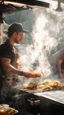 Street food vendor wearing an apron expertly prepares tacos on a smoky grill at a vibrant summer market, capturing the essence of outdoor eating and festival vibesの素材