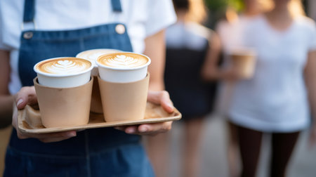 Barista in a denim apron holding a wooden tray with three beautifully crafted latte cups, serving customers at a lively summer market filled with people enjoying drinksの素材