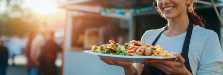 Happy young woman working at a food truck, serving a plate of delicious street food to a customer at a vibrant summer market, enjoying the festival vibes and urban picnic atmosphereの素材