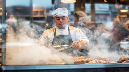 Professional chef skillfully grills various cuts of meat on a smoky griddle in a food truck, creating a tantalizing aroma that attracts customers at a vibrant summer marketの素材