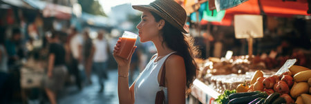 Young woman wearing a straw hat sips a refreshing juice while strolling through a bustling summer street food market, surrounded by colorful stalls and the lively atmosphere of an urban picnicの素材