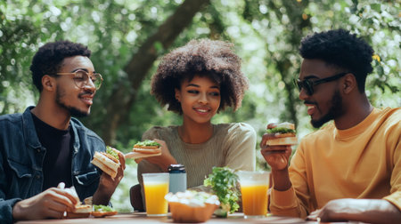 Three friends are sitting at a wooden table, enjoying sandwiches and orange juice during a vibrant summer market, surrounded by lush greenery and enjoying the festival vibesの素材