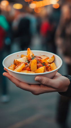 Customer holding a bowl of patatas bravas, enjoying crispy fried potatoes topped with spicy brava sauce and fresh parsley at a lively summer street food marketの素材