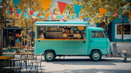 Turquoise vintage food truck parked in an urban setting, adorned with colorful triangle bunting flags, creating a festive atmosphere among autumn trees and bistro tablesの素材
