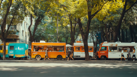 People walking along a tree lined street with colorful food trucks serving street food at a summer market, creating a vibrant festival atmosphereの素材