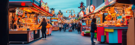 Colorful food stalls lining a pedestrian street create a vibrant and festive atmosphere as people stroll, browse, and enjoy various street food options at a summer marketの素材