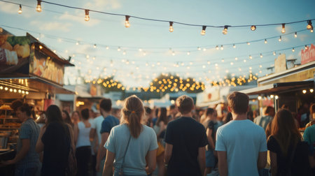 Tourists and locals are walking and enjoying street food at a vibrant summer evening market, with food trucks, string lights creating a festive atmosphereの素材