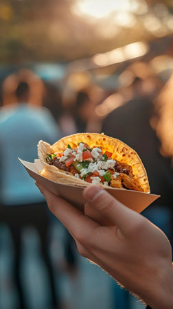Hand holding a cardboard tray with a pita filled with meat, vegetables, and feta cheese, enjoying a delicious meal from a food truck at a lively summer marketの素材