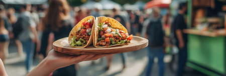 Vendor is holding a wooden plate with two delicious tacos at a bustling summer street food market, offering a vibrant and tempting culinary experienceの素材