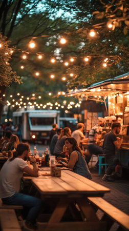 Customers are enjoying street food at wooden picnic tables in front of food trucks, under the warm glow of string lights, creating a vibrant summer market atmosphereの素材