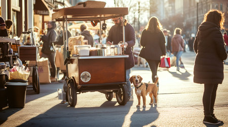 Street food vendor prepares food in his mobile kitchen, serving customers at a bustling outdoor market on a sunny day, while a cute dog patiently waits nearbyの素材