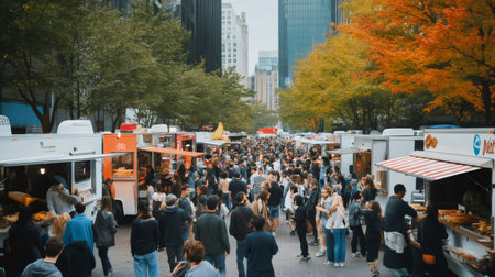 Large crowd of people buying street food from food trucks at an outdoor urban market surrounded by autumn trees, creating a lively festival atmosphereの素材