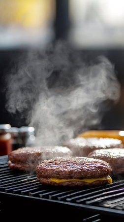 Juicy cheeseburgers are grilling on a hot grill, smoke rising, creating a mouthwatering scene at a vibrant summer market, capturing the essence of outdoor cooking and street food delightsの素材