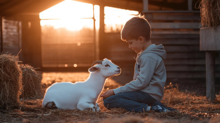 In a heartwarming scene, a young boy sits on the hay covered ground at sunset, gently interacting with a small white goat, fostering a beautiful connection between child and animalの素材