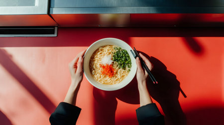 Overhead view of a chef preparing ramen with chopsticks at a vibrant red food truck counter, garnished with green onions and toppings during a summer marketの素材