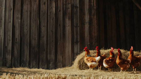 Free range chickens strutting around a weathered wooden barn on a small farm, relishing the fresh air and warm sunshine while exploring their natural environmentの素材