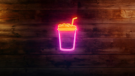 Neon sign depicting a refreshing beverage with whipped cream and a straw adds a vibrant touch to a rustic wooden wall, creating a striking contrast between modern and natural elementsの素材