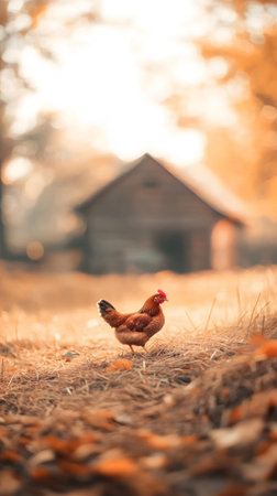 Reddish brown hen walks freely on a bed of dry grass and fallen autumn leaves in front of a blurred wooden chicken coop, bathed in the warm glow of the setting sunの素材