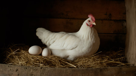 White hen resting on a nest of straw in a dark wooden chicken coop, brooding two freshly laid eggs, showcasing organic farming and backyard chicken keepingの素材