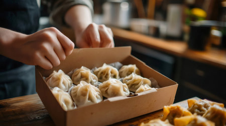 Chef carefully closing takeaway box filled with freshly steamed dumplings, ready to serve customers at summer market or food festival, offering delicious street food experienceの素材