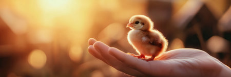 Farmer gently holds a newborn chick in the palm of their hand, illuminated by the warm glow of the setting sun, symbolizing new life and the cycle of nature on a small farmの素材