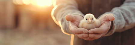 Farmer gently cradles a newborn chick in his hands at sunset, embodying the care and dedication of organic farming within the warm glow of the golden hour light inside a chicken coopの素材