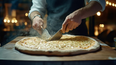 Professional chef using a pizza cutter and spatula. Slicing a large. Hot four cheese pizza on a wooden board at a summer outdoor food market. With warm background lights creating a festive atmosphereの素材