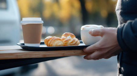 Street food vendor is carrying a tray with a cappuccino, a takeaway coffee cup, a croissant and a pastry, ready to serve customers at a vibrant summer marketの素材