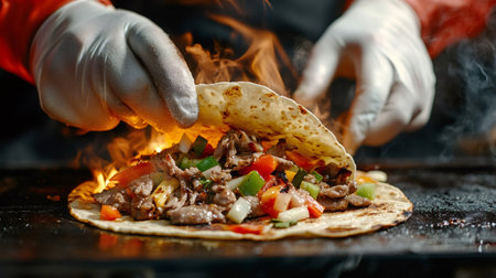Gloved chef skillfully folds a tortilla filled with savory meat and vibrant vegetables, flames adding a dramatic touch to the street food preparation at a lively summer marketの素材