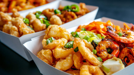 Close up of various fried shrimp and vegetable dishes served in takeaway containers, capturing the essence of street food markets, summer festivals, and outdoor dining experiencesの素材