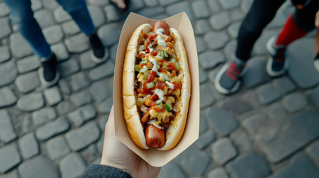 Customer enjoying a loaded hot dog with various toppings, showcasing the vibrant street food scene at a summer market, with cobblestone street in the backgroundの素材