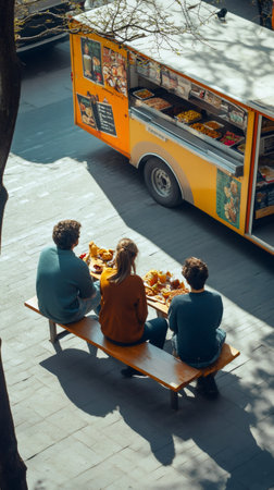 Three friends are sitting on a bench, enjoying a meal purchased from a vibrant food truck at a summer market, creating a cheerful urban picnic sceneの素材