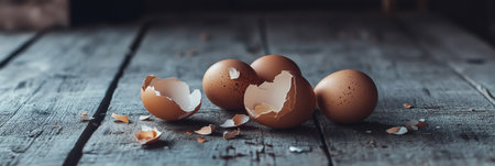 Fresh brown chicken eggs and broken eggshells are sitting on a rustic wooden table, creating a charming still life evocative of farm fresh goodness and simple country livingの素材