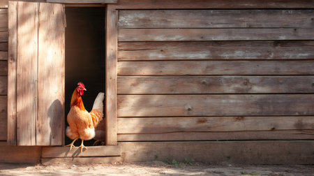 Brown rooster exiting a wooden chicken coop in a backyard farm, embodying the essence of organic farming and the production of fresh, healthy eggs in a rural settingの素材