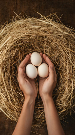 Farmer gently holding three fresh organic eggs in cupped hands over a straw nest, symbolizing farm fresh produce and the connection to natureの素材