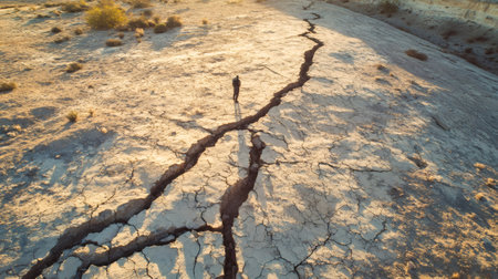 Geologist analyzing a large ground fissure caused by a powerful earthquake in a dry desert environment, highlighting the impact of seismic activity on the landscapeの素材