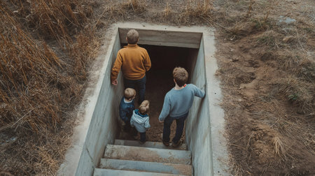 Father and sons descending into a concrete underground shelter, seeking refuge and safety during a natural disaster or earthquake emergency, emphasizing preparedness and family survivalの素材